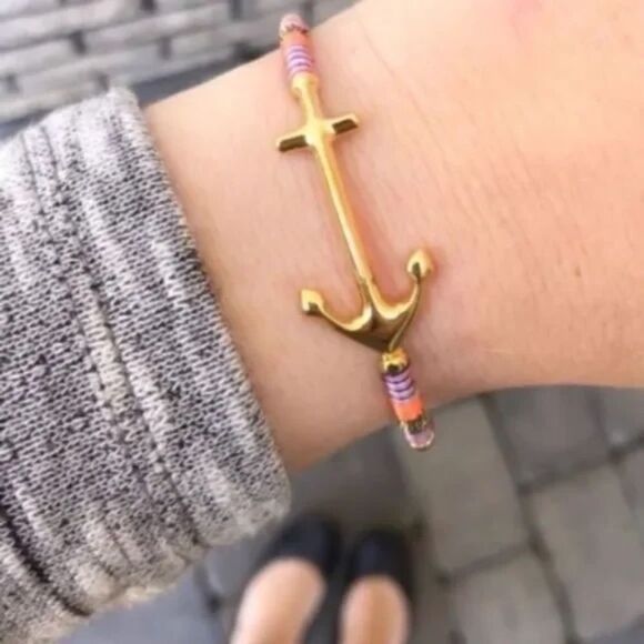 Stella & Dot Voyager Cuff – Pink & Orange Thread Wrap, Gold Anchor Bracelet - Picture 2 of 7